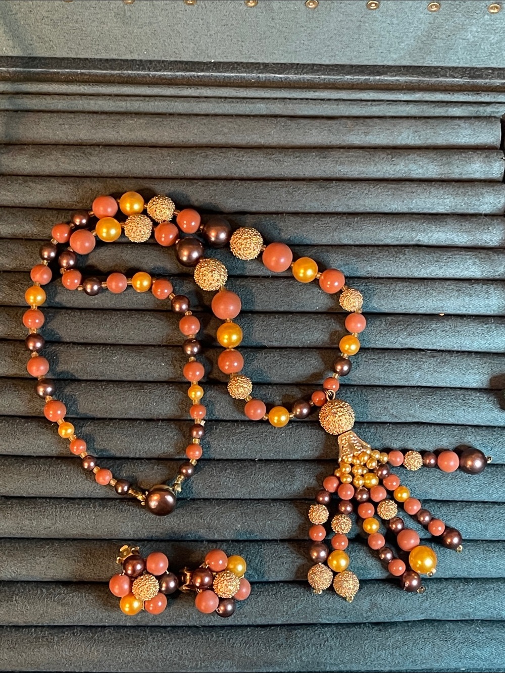 1960’s Japan Multi-Colored Beaded Tassel Necklace & Clip-On Earring Set - Picture 6 of 9